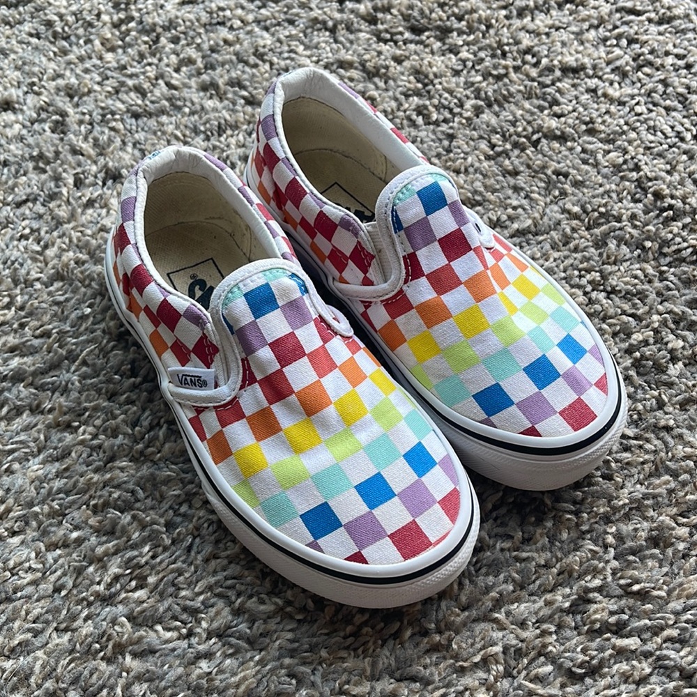 Rainbow checkerboard slip on Vans